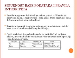 SIGURNOST BAZE PODATAKA I PRAVILA
INTEGRITETA
 Pravila integriteta definišu koje uslove podaci u BP treba da
zadovolje, kada se vrši provera i koje akcije treba preduzeti kada
definisani uslovi nisu zadovoljeni.
 Termin sigurnost podataka podrazumeva mehanizme zaštite
baze podataka od neovlašćenog korišćenja.
 Opšti model zaštite podataka treba da definiše koji subjekat
zaštite, može nad kojim objektom zaštite da izvrši neku operaciju
i pod kojim uslovima.
14
 