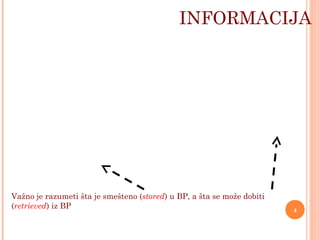 INFORMACIJA
Važno je razumeti šta je smešteno (stored) u BP, a šta se može dobiti
(retrieved) iz BP 4
 
