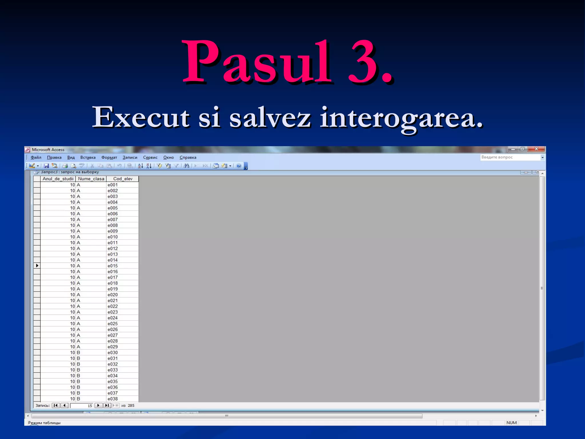 Pasul 3. Execut si salvez interogarea. 