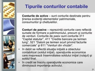 21
Conturile de active – sunt conturile destinate pentru
ţinerea evidenţii elementelor patrimoniale,
consumurilor şi cheltuielilor.
Conturi de pasive – reprezintă conturile care reflectă
sursele de formare a patrimoniului, precum şi conturile
de venituri. Conturile de pasiv sunt conturile 311
“Capital statutar”, 411 ”Credite bancare pe termen
lung”, 521 ”Datorii pe termen scurt privind facturile
comerciale” şi 611 “Venituri din vînzări”.
• în debit se reflectă situaţia iniţială a obiectului
contabilizat (soldul iniţial), operaţiunile economice
care majorează însemnătatea soldului iniţial (rulajul) şi
soldul final.
• în credit se înscriu operaţiunile economice care
diminuiază importanţa activului.
Tipurile conturilor contabile
 