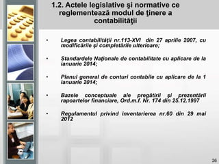 26
• Legea contabilităţii nr.113-XVI din 27 aprilie 2007, cu
modificările şi completările ulterioare;
• Standardele Naţionale de contabilitate cu aplicare de la
ianuarie 2014;
• Planul general de conturi contabile cu aplicare de la 1
ianuarie 2014;
• Bazele conceptuale ale pregătirii şi prezentării
rapoartelor financiare, Ord.m.f. Nr. 174 din 25.12.1997
• Regulamentul privind inventarierea nr.60 din 29 mai
2012
1.2. Actele legislative şi normative ce
reglementează modul de ţinere a
contabilităţii
 