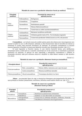 27
Tabelul 4.1.
Metodele de conservare a produselor alimentare bazate pe anabioz
Principiul
anabiozei
Procedeul de conservare i
aplica ii practice
Fizio-
anabioza
Psihroanabioza Refrigerarea
Crioanabioza Congelarea
Xeroanabioza Deshidratarea par ial
Osmoanabioza
rarea (haloosmoanabioza)
Conservarea cu zah r (saccharosmoanabioza)
Chimio-
anabioza
Acidoanabioza Marinarea (acidifierea artificial )
Anoxianabioza Utilizarea gazelor inerte (CO2 , N2) în absen a oxigenului
Narcoanabioza Conservarea produselor lichide (sucuri) cu CO2 sub presiune
Cenoanabioza – are la baz crearea de condi ii optime pentru dezvoltarea unor microorganisme care
secret în mediul în care se afl alimentul, substan e cu efect bacteriostatic fa de microflora de alterare i
stimuleaz în acela i timp procesele biochimice de matura ie. Pe principiul cenoanabiozei se bazeaz
murarea legumelor i fructelor i conservarea b uturilor alcoolice prin fermenta ie alcoolic (tab. 4.2.).
În cazul legumelor i fructelor murate, în care intervin bacteriile lactice, prin desf urarea
fermenta iei lactice, acidul lactic la o anumit concentra ie are rol de conservant; se stimuleaz i procesele
biochimice de matura ie. O aplicare de mare importan a principiului cenoanabiozei o întâlnim în
fermenta ia alcoolic , unde prin utilizarea selectiv a drojdiilor se ob in b uturi moderat i slab alcoolice
(vin, bere).
Tabelul 4.2.
Metodele de conservare a produselor alimentare bazate pe cenoanabioz
Principiul abiozei
Procedeul de conservare i
aplica ii practice
Fizioceno-anabioza
Halo- cenoanabioza rarea slab i maturarea unor specii de pe ti
Acido-cenoanabioza Murarea (acidifierea natural )
Chimiocenoanabioza Alcool-cenoanabioza Fermenta ia alcoolic (vin, bere)
Abioza – sau principiul lipsei de via , se bazeaz pe distrugerea microorganismelor din produs. Pe
acest principiu se bazeaz : pasteurizarea, sterilizarea, utilizarea conservan ilor chimici etc. (tab. 4.3.).
Tabelul 4.3.
Metodele de conservare a produselor
alimentare bazate pe abioz
Principiul
abiozei
Procedeul de conservare i
aplica ii practice
Fizioabioza
Termoabioza Sterilizarea i pasteurizarea alimentelor
Radioabioza Iradierea cu raze ultraviolete sau ionizante
Mecanobioza
Antiseptoabioza Conservarea cu substan e antiseptice, antibiotice, fitoncide
Sestoabioza Ultrafiltrarea (eliminarea microorganismelor)
 