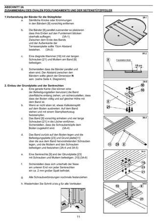 ABSCHNITT 3A
ZUSAMMENBAU DES OVALEN POOLFUNDAMENTS UND DER SEITENSTÜTZPFEILER

1.Vorbereitung der Bänder für die Stützpfeiler
             a.    Sämtliche Knicke oder Krümmungen
                   in den Bändern [8] vorsichtig entfernen

             b.     Die Bänder [8] parallel zueinander so platzieren
                    dass Ihre Enden auf den Fundemant blöcken
                    oberhalb aufliegen.          (3A-1)
                    Zwischen dem Ende des Bands
                    und der Außenkante der
                    Terrassenplatte sollte 15cm Abstand
                    bestehen.      (3A-2)

             c.     Eine diagnole Klammer [16] mit vier langen
                    Schrauben [21} und Muttern am Band [8]
                    befestigen.

             d.     Sicherstellen dass die Bänder parallel und
                    eben sind. Der Abstand zwischen den
                    Bändern sollte gleich der Dimension N
                    sein. (siehe Seite 4, Diagramm)

2. Einbau der Grundplatte und der Senkrechten
             a.   Eine gerade Kante (Sie können eine
                  der Befestigungplatten benutzen) die Band
                  oberflääche entlang ziehen, um sicherzustellen, dass
                  dass der Boden völlig und auf gleicher Höhe mit
                  dem Band ist.
             b.   Wenn er nicht eben ist, etwas Kalksteinsplitt
                  auf dem Boden ausbreiten. Auf dem Band
                  stehen und mit einem Stampfwerkzeug
                  feststampfen.
             c.   Das Band [8] vorsichtig anheben und vier lange
                  Schrauben [21] in die Löcher einführen.
                  Sicherstellen, dass die Schraubenköpfe dem
                  Boden zugekehrt sind.        (3A-4)

             d.     Das Band zurück auf den Boden legen und die
                    Befestigungsplatte [23] und Grund platte[11]
                    über die aus dem Band hervorstretenden Schrauben
                    legen, und die Muttern and den Schrauben
                    befestigen und festziehen (3A-4 und 3A-5)

             e.     Eine Senkrechte [9] and der Glrundplatte [23]
                    mit Schrauben und Muttern befestigen. [10] (3A-6)

             f.     Sicherstellen dass sich unterhalb der Nase
                    am unteren End von jeder Senkrechten
                    ein ca. 2 mm großer Spalt befindet.

             g.     Alle Schraubverbindungen nochmals festanziehen

             h. Wiederholen Sie Schritt a bis g für alle Vertikalen




                                                               11
 