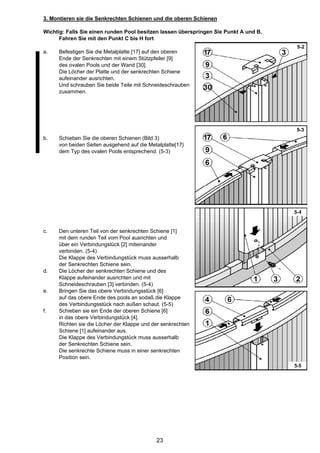 3. Montieren sie die Senkrechten Schienen und die oberen Schienen

Wichtig: Falls Sie einen runden Pool besitzen lassen überspringen Sie Punkt A und B.
      Fahren Sie mit den Punkt C bis H fort

a.    Befestigen Sie die Metalplatte [17] auf den oberen
      Ende der Senkrechten mit einem Stützpfeiler [9]
      des ovalen Pools und der Wand [30].
      Die Löcher der Platte und der senkrechten Schiene
      aufeinander ausrichten.
      Und schrauben Sie beide Teile mit Schneideschrauben
      zusammen.




b.    Schieben Sie die oberen Schienen (Bild 3)
      von beiden Seiten ausgehend auf die Metalplatte[17}
      dem Typ des ovalen Pools entsprechend. (5-3)




c.    Den unteren Teil von der senkrechten Schiene [1]
      mit dem runden Teil vom Pool ausrichten und
      über ein Verbindungstück [2] miteinander
      verbinden. (5-4)
      Die Klappe des Verbindungstück muss ausserhalb
      der Senkrechten Schiene sein.
d.    Die Löcher der senkrechten Schiene und des
      Klappe aufeinander ausrichten und mit
      Schneideschrauben [3] verbinden. (5-4)
e.    Bringen Sie das obere Verbindungsstück [6]
      auf das obere Ende des pools an sodaß die Klappe
      des Verbindungsstück nach außen schaut. (5-5)
f.    Schieben sie ein Ende der oberen Schiene [6]
      in das obere Verbindungstück [4].
      Richten sie die Löcher der Klappe und der senkrechten
      Schiene [1] aufeinander aus.
      Die Klappe des Verbindungstück muss ausserhalb
      der Senkrechten Schiene sein.
      Die senkrechte Schiene muss in einer senkrechten
      Position sein.




                                             23
 