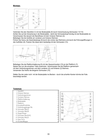 Montage:




Verbinden Sie den Standfuß (1) mit der Bodenplatte (6) durch Verschraubung (Schrauben 13+14).
Achten Sie auf die Versenkung in der Bodenplatte - damit der Schraubenkopf bündig mit der Bodenplatte ist.
Verschrauben Sie danach die Standfüsse mit dem hinteren Rahmen (2).
Befestigen Sie die Auftritte am vorderen und hinteren Rahmen.
Führen Sie hierzu die Gewindestange (9) durch die Löcher des Rahmens und durch die Führungsöffnungen in
den Auftritten (8). Fixieren Sie diese dann beidseitig mit den Schrauben (13).




Befestigen Sie die Plattformhalterung (5) mit den Spaxschrauben (15) an der Plattform (7).
Setzen Sie nun die einzelnen Teile zusammen. Verschrauben Sie die Plattform gemeinsam
mit dem Verbindungsrahmen und dem vorderen (4) und hinteren (2) Rahmen.
Verwenden Sie hierfür die längeren Schrauben (10)

Stellen Sie die Leiter nicht mit der Bodenplatte ins Becken - durch die scharfen Kanten könnte die Folie
beschädigt werden.




Teileliste
    1   Standfuß                                              2
    2   Hinterer Rahmen                                       2
    3   Verbindungsrahmen                                     2
    4   Vorderer Rahmen                                       2
    5   Plattformhalterung                                    2
    6   Bodenplatte                                           1
    7   Plattform                                             1
    8   Kunststoff-Auftritte                                  6
    9   Verbindungsstange M6                                  6
   10   Schraube M8x35                                        4
   11   Schraube M8x30                                        2
   12   Stopp-Mutter                                          6
   13   Schraube M6x30 IG                                    14
   14   Schraube M6x25                                        2
   15   Spax 4x16                                             4
   16   Kunststoffkappe                                       4




                                                33
 