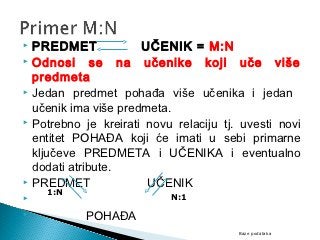  PREDMET             UČENIK = M:N
 Odnosi      se na učenike koji uče više
  predmeta
 Jedan predmet pohađa više učenika i jedan

  učenik ima više predmeta.
 Potrebno je kreirati novu relaciju tj. uvesti novi

  entitet POHAĐA koji će imati u sebi primarne
  ključeve PREDMETA i UČENIKA i eventualno
  dodati atribute.
 PREDMET              UČENIK
    1:N
                          N:1

          POHAĐA
                                        Baze podataka
 
