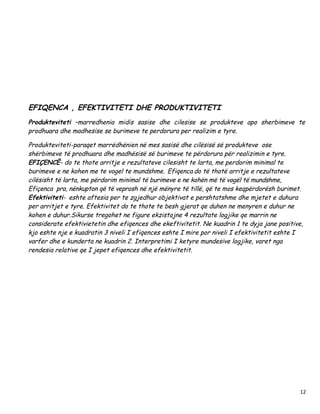 EFIQENCA , EFEKTIVITETI DHE PRODUKTIVITETI
Produkteviteti –marredhenia midis sasise dhe cilesise se produkteve apo sherbimeve te
prodhuara dhe madhesise se burimeve te perdorura per realizim e tyre.

Produkteviteti-paraqet marrëdhënien në mes sasisë dhe cilësisë së produkteve ose
shërbimeve të prodhuara dhe madhësisë së burimeve te përdorura për realizimin e tyre.
EFIÇENCË- do te thote arritje e rezultateve cilesisht te larta, me perdorim minimal te
burimeve e ne kohen me te vogel te mundshme. Efiqenca do të thotë arritje e rezultateve
cilësisht të larta, me përdorim minimal të burimeve e ne kohën më të vogël të mundshme,
Efiçenca pra, nënkupton që të veprosh në një mënyre të tillë, që te mos keqpërdorësh burimet.
Efektiviteti- eshte aftesia per te zgjedhur objektivat e pershtatshme dhe mjetet e duhura
per arritjet e tyre. Efektivitet do te thote te besh gjerat qe duhen ne menyren e duhur ne
kohen e duhur.Sikurse tregohet ne figure ekzistojne 4 rezultate logjike qe marrin ne
considerate efektivietetin dhe efiqences dhe ekeftivitetit. Ne kuadrin 1 te dyja jane positive,
kjo eshte nje e kuadratin 3 niveli I efiqences eshte I mire por niveli I efektivitetit eshte I
varfer dhe e kunderta ne kuadrin 2. Interpretimi I ketyre mundesive logjike, varet nga
rendesia relative qe I jepet efiqences dhe efektivitetit.




                                                                                             12
 