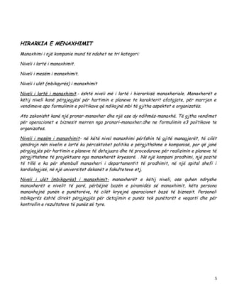 HIRARKIA E MENAXHIMIT
Manaxhimi i një kompanie mund të ndahet ne tri kategori:

Niveli i lartë i manaxhimit.

Niveli i mesëm i manaxhimit.

Niveli i ulët (mbikqyrës) i manaxhimit

Niveli i lartë i manaxhimit.- është niveli më i lartë i hierarkisë manaxheriale. Manaxherët e
këtij niveli kanë përgjegjësi për hartimin e planeve te karakterit afatgjate, për marrjen e
vendimeve apo formulimin e politikave që ndikojnë mbi të gjitha aspektet e organizatës.

Ato zakonisht kanë një pronar-manaxher dhe një ose dy ndihmës-manaxhë. Të gjtha vendimet
për operacionet e biznesit merren nga pronari-manaxher.dhe ne formulimin e3 politikave te
organizates.

Niveli i mesëm i manaxhimit- në këtë nivel manaxhimi përfshin të gjitë managjerët, të cilët
qëndrojn nën nivelin e lartë ku përcaktohet politika e përgjithshme e kompanisë, por që janë
përgjegjës për hartimin e planeve të detajuara dhe të procedurave për realizimin e planeve të
përgjithshme të projektuara nga manaxherët kryesorë. . Në një kompani prodhimi, një pozitë
të tillë e ka për shembull manaxheri i departamentit të prodhimit, në një spital shefi i
kardiologjisë, në një universitet dekanët e fakulteteve etj.

Niveli i ulët (mbikqyrës) i manaxhimit- manaxherët e këtij niveli, ose quhen ndryshe
manaxherët e nivelit të parë, përbëjnë bazën e piramidës së manaxhimit, këta persona
manaxhojnë punën e punëtorëve, të cilët kryejnë operacionet bazë të biznesit. Personeli
mbikqyrës është direkt përgjegjës për detajimin e punës tek punëtorët e veqanti dhe për
kontrollin e rezultateve të punës së tyre.




                                                                                            5
 