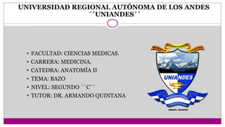 UNIVERSIDAD REGIONAL AUTÓNOMA DE LOS ANDES
´´UNIANDES´´
• FACULTAD: CIENCIAS MEDICAS.
• CARRERA: MEDICINA.
• CATEDRA: ANATOMÍA II
• TEMA: BAZO
• NIVEL: SEGUNDO ´´C´´
• TUTOR: DR. ARMANDO QUINTANA
 