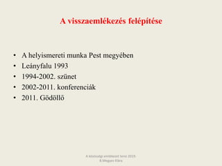 A visszaemlékezés felépítése
• A helyismereti munka Pest megyében
• Leányfalu 1993
• 1994-2002. szünet
• 2002-2011. konferenciák
• 2011. Gödöllő
A közösségi emlékezet terei 2019.
B.Megyes Klára
 