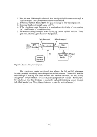 1. Pass the raw EEG samples obtained from analog-to-digital converter through a
       digital bandpass filter (BPF) to remove slow baseline drift.
    2. Determine the blink threshold (Vt) for specific subject in brief training session.
    3. Compare the absolute sample value with Vt.
    4. If the value is exceeded then remove N samples from the vicinity of zero crossing
       (N/2 on either side of treshold crossing).
    5. Shift the following N samples to fill up the gap created by blink removal. These
       gaps will, otherwise, grossly distort the spectrum.




Figure 4-5. Scheme of the proposed system.



        The experiments carried out through this scheme, for Fp1 and Fp2 electrodes
location, provided interesting results in eyeblink artifact rejection. This method presents
the advantage of working even under baseline drift artifacts conditions, and also is easy
enough to be implemented on a low-cost digital signal processor, on a real – time system.
Nevertheless, it fails if the blink rate is unnaturally high, and the training session for each
individual is quite long: 30 sec (6 eyeblinks on a average for a normal subject).




                                              35
 