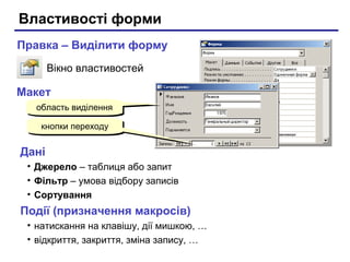 Властивості форми
Вікно властивостей
Правка – Виділити форму
область виділенняобласть виділення
Макет
кнопки переходукнопки переходу
Дані
• Джерело – таблиця або запит
• Фільтр – умова відбору записів
• Сортування
Події (призначення макросів)
• натискання на клавішу, дії мишкою, …
• відкриття, закриття, зміна запису, …
 