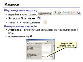 Макроси
Відлагодження макросу
• перейти в конструктор
• Запуск – По крокам
• запустити на виконання
Використання макросів
• AutoExec – виконується автоматично при відкриванні
бази
• призначення подій
вибрати ім'я
макросу з списку
вибрати ім'я
макросу з списку
 