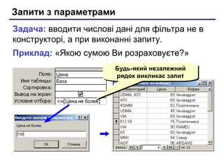 Запити з параметрами
Задача: вводити числові дані для фільтра не в
конструкторі, а при виконанні запиту.
Приклад: «Якою сумою Ви розраховуєте?»
Будь-який незалежний
рядок викликає запит
Будь-який незалежний
рядок викликає запит
 