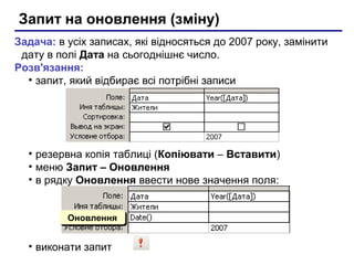 Запит на оновлення (зміну)
Задача: в усіх записах, які відносяться до 2007 року, замінити
дату в полі Дата на сьогоднішнє число.
Розв'язання:
• запит, який відбирає всі потрібні записи
• резервна копія таблиці (Копіювати – Вставити)
• меню Запит – Оновлення
• в рядку Оновлення ввести нове значення поля:
• виконати запит
ОновленняОновлення
 