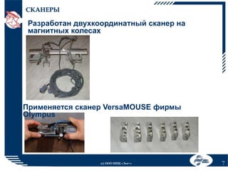 СКАНЕРЫ

Разработан двухкоординатный сканер на
магнитных колесах

Применяется сканер VersaMOUSE фирмы
Olympus

(с) ООО НПЦ «Эхо+»

7

 