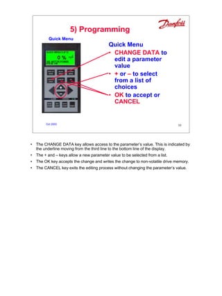 5) Programming
         Quick Menu
                                          Quick Menu
                                          • CHANGE DATA to
                                            edit a parameter
                                            value
                                          • + or – to select
                                            from a list of
                                            choices
                                          • OK to accept or
                                            CANCEL


        Oct 2003                                                             38




• The CHANGE DATA key allows access to the parameter’s value. This is indicated by
  the underline moving from the third line to the bottom line of the display.
• The + and – keys allow a new parameter value to be selected from a list.
• The OK key accepts the change and writes the change to non-volatile drive memory.
• The CANCEL key exits the editing process without changing the parameter’s value.




                                                                                      38
 