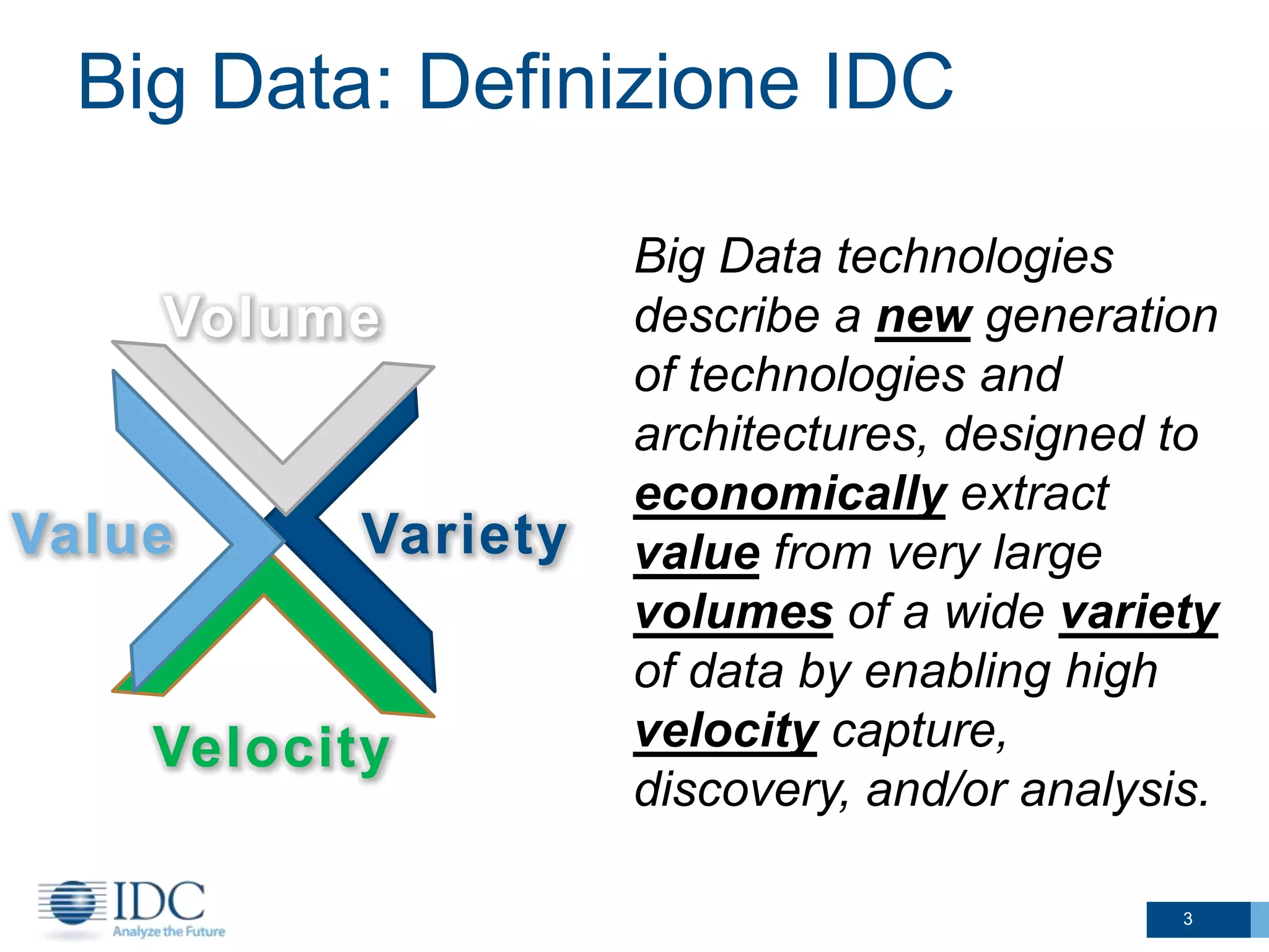 Big Data: Definizione IDC
Volume

Value

Variety

Velocity

Big Data technologies
describe a new generation
of technologies and
architectures, designed to
economically extract
value from very large
volumes of a wide variety
of data by enabling high
velocity capture,
discovery, and/or analysis.
3

 