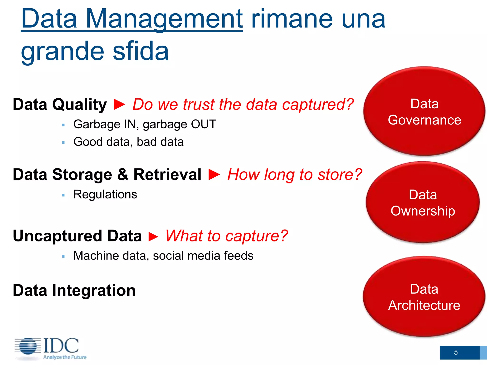 Data Management rimane una
grande sfida
Data Quality ► Do we trust the data captured?



Garbage IN, garbage OUT
Good data, bad data

Data
Governance

Data Storage & Retrieval ► How long to store?


Regulations

Data
Ownership

Uncaptured Data ► What to capture?


Machine data, social media feeds

Data Integration

Data
Architecture

5

 