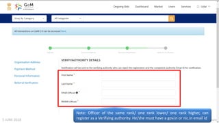 Designed by GeM Training Team5 JUNE 2018
Note: Officer of the same rank/ one rank lower/ one rank higher, can
register as a Verifying authority. He/she must have a gov.in or nic.in email id
 