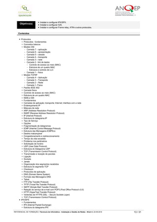 0827 Protocolos de redes ­ instalação e configuração
Carga horária
50 horas
Objetivo(s)
Instalar e configurar TCP/IP.
Instalar e configurar IPX/SPX.
Instalar e configurar X25.
Instalar e configurar Frame relay, ATM e outros protocolos.
Conteúdos
Protocolos
Protocolos - fundamentos
Conceitos básicos
Modelo OSI
­   Camada 7 – aplicação
­   Camada 6 – apresentação
­   Camada 5 – sessão
­   Camada 4 – transporte
­   Camada 3 – rede
- Camada 2 - link de dados
- Controlo de acesso ao meio (MAC)
- Estrutura de um quadro MAC
- Estrutura e controlo de LLC
­   Camada 1 – física
Modelo TCP/IP
­   Camada 4 – Aplicação
­   Camada 3 – Transporte
­   Camada 2 – Rede
­   Camada 1­ Física
Padrão IEEE 802
Camada física
Controlo de acesso ao meio (MAC)
Estrutura de um quadro MAC
NDIS e ODI
Fundamentos
Camadas de aplicação; transporte; Internet; interface com a rede
Endereçamento IP
Máscara de rede
ARP (Address Resolution Protocol)
RARP (Reverse Address Resolution Protocol)
IP (Internet Protocol)
Estrutura do datagrama IP
Tipo de Serviço
Opções
Fragmentação de datagramas
ICMP (Internet Control Message Protocol)
Estrutura das Mensagens ICMPEco
Destino inalcançável
Congestionamento e redireccionamento
Tempo de vida excedido
Problema nos parâmetros
Solicitação de horário
UDP (User Data Protocol)
Estrutura do Datagrama UDP
TCP (Transmission Control Protocol)
Transmissão e receção de pacotes
Ligação
Sockets
Janela
Organização dos segmentos recebidos
Estrutura do segmento TCP
Checksum
Protocolos de aplicação
DNS (Domain Name System)
Formato das Mensagens DNS
Telnet
FTP (File Transfer Protocol)
TFTP (Trivial File Transfer Protocol)
SMTP (Simple Mail Transfer Protocol)
Relação do serviço de e­mail com POP3 (Post Office Protocol v3.0)
HTTP (HyperText Transfer Protocol)
Vertentes de HTTPS (SSL – Secure Sockets Layer)
TCP (Transmission Control Protocol)
IPX/SPX
Fundamentos
IPX (Internet Packet Exchange)
Estrutura do datagrama IPX
Problema do IPX em Redes Ethernet
SPX (Sequenced Packet Exchange)
SAP (Service Advertisement Protocol)
Fundamentos
Tipos de redes
REFERENCIAL DE FORMAÇÃO | Técnico/a de Informática ­ Instalação e Gestão de Redes ­ Nível 4 | 22-09-2019 13 / 31
 