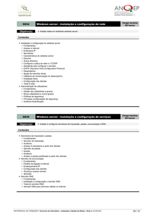 Componentes de redes passivos
Ferramentas e aparelhos de teste
Bastidores e seus acessórios
Data Switches
0834 Windows server ­ instalação e configuração de rede
Carga horária
50 horas
Objetivo(s) Instalar redes em ambiente windows server.
Conteúdos
Instalação e configuração do windows server
Fundamentos
Acesso à Internet
Endereços IP
Servidores
Características do windows server
Domínio
Active directory
Configurar a placa de rede e o TCP/IP
Assistente para configurar o servidor
DHCP (Dynamic Host Configuration Protocol)
Desempenho
Ajuste da memória virtual
Utilitários de monitorização do desempenho
Instalação física
Configuração dos clientes
Teste à rede
Administração de utilizadores
Fundamentos
Gestão dos utilizadores e grupos
Novos utilizadores e novos grupos
Políticas de segurança
Principais configurações de segurança
Auditoria Autenticação
0835 Windows server ­ instalação e configuração de serviços
Carga horária
50 horas
Objetivo(s) Instalar e configurar servidores de impressão, pastas, comunicação e DNS.
Conteúdos
Servidores de impressão e pastas
Fundamentos
Servidor de impressão
Auditoria
Acesso à impressora a partir dos clientes
Servidor de pastas
Quotas
Auditoria
Acesso a pastas partilhadas a partir dos clientes
Servidor de comunicação
Fundamentos
Partilha da ligação à Internet
Endereçamento IP
Configuração dos clientes
Routing e acesso remoto
WinGate
Servidor DNS
Fundamentos
Instalação e configuração o servidor DNS
Teste do servidor DNS
Servidor DNS para domínios válidos na Internet
0836 Linux ­ instalação e configuração
Carga horária
25 horas
Objetivo(s) Instalar e configurar o Linux Server.
Conteúdos
REFERENCIAL DE FORMAÇÃO | Técnico/a de Informática ­ Instalação e Gestão de Redes ­ Nível 4 | 22-09-2019 20 / 31
 