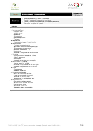 Utilização da internet
Utilização de correio eletrónico
Impressoras - manuseamento
Tipos de impressoras
0749 Arquitetura de computadores
Carga horária
50 horas
Objetivo(s)
Identificar o hardware que integra o computador.
Efectuar a instalação de equipamentos informáticos.
Efectuar a manutenção e reparação de equipamentos informáticos.
Diagnosticar as causas das avarias.
Conteúdos
Hardware e software
Conceitos base
Unidade central
Periféricos
Software base
Software aplicacional
Packages
MotherBoards
Tipos de MotherBoards TX, VX, FX, ATX
Processadores
Família de processadores Intel
Arquitectura dos processadores (RISC/CISC)
Co­processadores matemáticos
Memórias cache internas (L1)
Clock interno
Instalação e configuração de um processador
Memórias
Distinguir memórias RAM, ROM, CACHE
Número de contactos
Velocidades
Instalação de memórias num computador
Discos Rígidos e CD­ROM
Normas EIDE/ATAPI e SCSI
Instalação e/ou substituição de um disco rígido
Instalação e/ou substituição de um CD­ROM
Buses
Tipos de buses
ISA/EISA, VESA, PCI
Portas de comunicações
Portas de comunicação RS232C
Portas de comunicação Centronics
Instalação de um computador
Montagem de um computador de raiz
Pequenas avarias
Avarias com o rato e/ou teclado
Avarias com as drives de disquetes
Avarias com os discos
Emissão de bips de erro
Mensagens de erro do computador
0822 Gestão e organização da informação
Carga horária
25 horas
Objetivo(s)
Identificar e implementar procedimentos de organização da informação.
Aplicar técnicas de gestão e organização da informação.
Conteúdos
Tratamento da informação e processos associados
Dados
Informação
Registos
Ficheiros
Bases de dados
Fluxos de informação
Organigramas
Sistemas de gestão
Necessidades de gestão
Níveis de gestão
Tipos de abordagem
Linguagens
REFERENCIAL DE FORMAÇÃO | Técnico/a de Informática ­ Instalação e Gestão de Redes ­ Nível 4 | 22-09-2019 7 / 31
 
