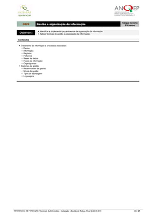 Avarias com as drives de disquetes
Avarias com os discos
Emissão de bips de erro
Mensagens de erro do computador
0822 Gestão e organização da informação
Carga horária
25 horas
Objetivo(s)
Identificar e implementar procedimentos de organização da informação.
Aplicar técnicas de gestão e organização da informação.
Conteúdos
Tratamento da informação e processos associados
Dados
Informação
Registos
Ficheiros
Bases de dados
Fluxos de informação
Organigramas
Sistemas de gestão
Necessidades de gestão
Níveis de gestão
Tipos de abordagem
Linguagens
0823 Sistema operativo - plataformas
Carga horária
50 horas
Objetivo(s)
Identificar memória, comando e configuração.
Operar com um sistema operativo.
Identificar e operar um sistema operativo multitarefa.
Identificar e operar com utilitários complementares aos sistemas operativos.
Instalar e configurar antivírus.
Executar a compactação e descompactação de ficheiros.
Conteúdos
Sistema operativo
Conceito
Unidades de armazenamento
Disquete, disco rígido e CD­ROM
Sistema operativo multitarefa
Introdução aos SO gráficos
- Conceito
­   Importância do rato
­   Janelas e ícones
- Sistema de menus
­   Organização interna de ficheiros
Ambiente de trabalho
- Barra de tarefas
Gestão do computador
- Disco e disquetes
- Painel de controlo
­   Configuração da impressora
Programas – tarefas comuns
­   Normalização
- Trabalho com ficheiros
­   Utilização de impressoras
­   Utilização da área de transferência
- Barras de ferramentas
Acessórios básicos
- Calculadora
- Bloco de notas
- Jogos
Manutenção do sistema operativo
­   Utilitários de manutenção
- Registry
Sistema operativo ­ utilitários complementares
Antivírus ­procedimentos de instalação e configuração
- Software de deteção de vírus
Compactação e descompressão de ficheiros
Utilitários de compressão de informação
REFERENCIAL DE FORMAÇÃO | Técnico/a de Informática ­ Instalação e Gestão de Redes ­ Nível 4 | 22-09-2019 8 / 31
 