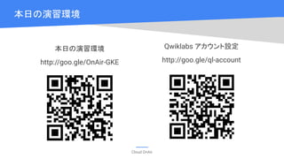 Cloud OnAir
本日の演習環境
本日の演習環境
http://goo.gle/OnAir-GKE
Qwiklabs アカウント設定
http://goo.gle/ql-account
 