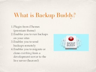 What is Backup Buddy?
1.Plugin from iThemes
  (premium theme)
2.Enables you to run backups
  on your sites
3.Enables you to send
  backups remotely
4.Enables you to migrate or
  clone everthing from a
  development server to the
  live server (heaven!)
 