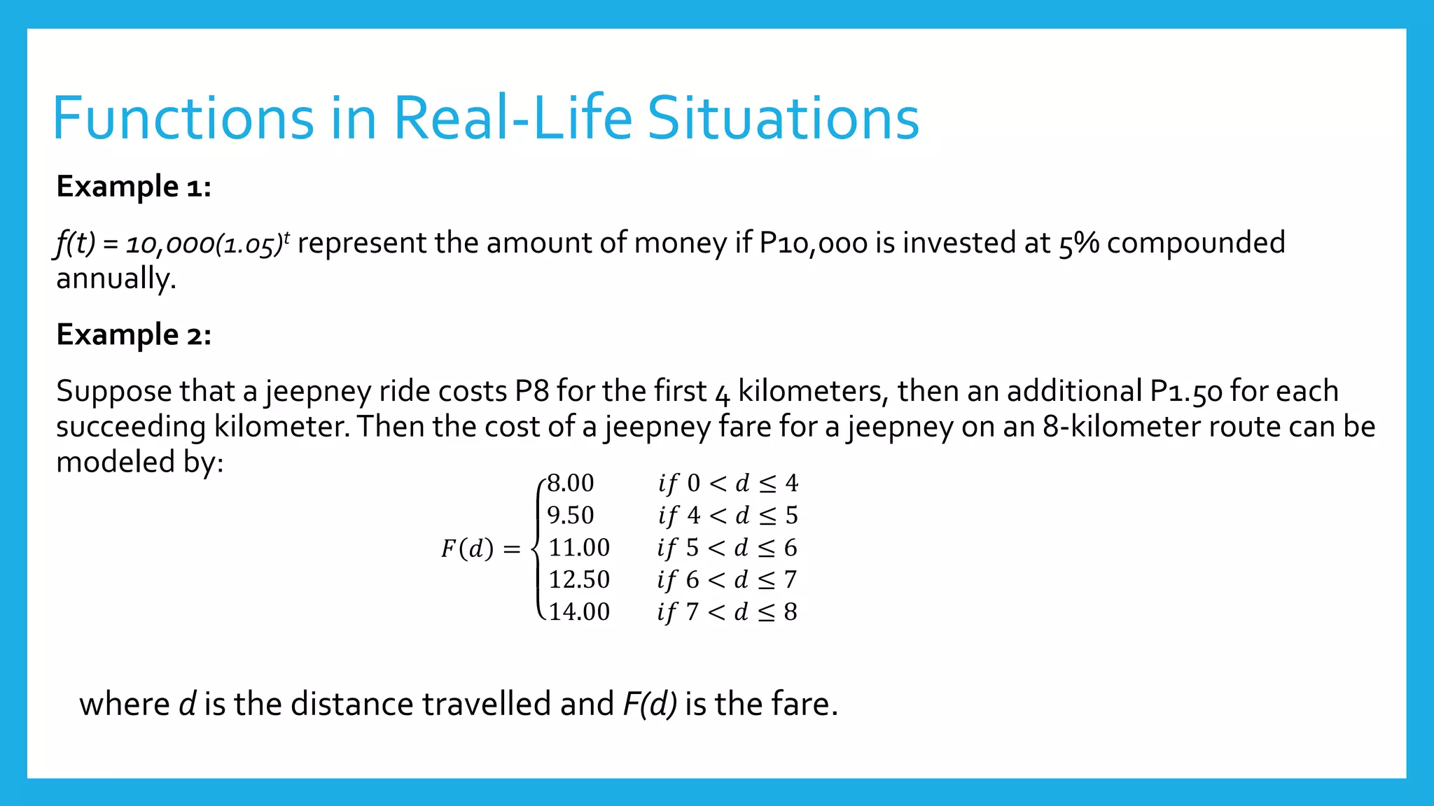Functions in Real-Life Situations
Example 1:
f(t) = 10,000(1.05)t represent the amount of money if P10,000 is invested at 5% compounded
annually.
Example 2:
Suppose that a jeepney ride costs P8 for the first 4 kilometers, then an additional P1.50 for each
succeeding kilometer.Then the cost of a jeepney fare for a jeepney on an 8-kilometer route can be
modeled by:
𝐹( 𝑑) =
8.00 𝑖𝑓 0 < 𝑑 ≤ 4
9.50 𝑖𝑓 4 < 𝑑 ≤ 5
11.00 𝑖𝑓 5 < 𝑑 ≤ 6
12.50 𝑖𝑓 6 < 𝑑 ≤ 7
14.00 𝑖𝑓 7 < 𝑑 ≤ 8
where d is the distance travelled and F(d) is the fare.
 