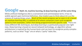 @schachin
Kristine Schachinger
Google Myth: AI, machine learning, & deep learning are all the same thing
While artificial intelligence (AI) is a convenient and commonplace term, it has no
widely agreed-upon technical definition. One helpful way to think about AI is as the
science of making things smart. Much of the recent progress we’ve seen in AI is based
on machine learning (ML), a subfield of AI where computers learn and recognize
patterns from examples, rather than being programmed with specific rules. There are
many different ML techniques, but deep learning is a particularly popular one right
now. Deep learning is based on neural network technology, an algorithm whose
architecture is inspired by the human brain and can learn to recognize pretty complex
patterns, such as what “hugs” are or what a “party” looks like.
https://ai.google/static/documents/exploring-6-myths.pdf
 