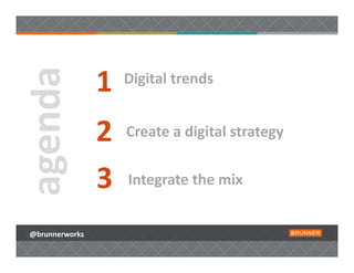 1   Digital trends 


                2   Create a digital strategy


                3   Integrate the mix 


@brunnerworks
 