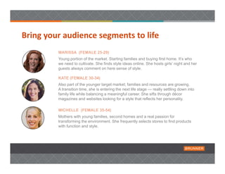 Bring your audience segments to life 

         Young portion of the market. Starting families and buying first home. It’s who
         we need to cultivate. She finds style ideas online. She hosts girls’ night and her
         guests always comment on here sense of style.



         Also part of the younger target market; families and resources are growing.
         A transition time, she is entering the next life stage — really settling down into
         family life while balancing a meaningful career. She sifts through décor
         magazines and websites looking for a style that reflects her personality.



         Mothers with young families, second homes and a real passion for
         transforming the environment. She frequently selects stores to find products
         with function and style.
 