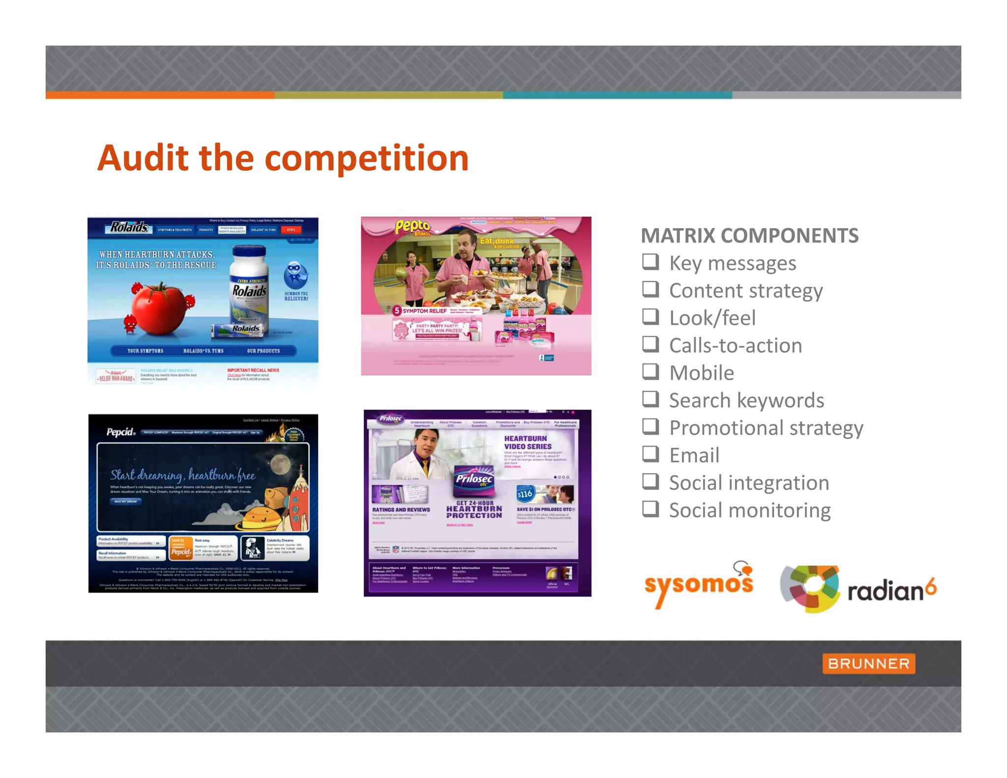 Audit the competition 
                         MATRIX COMPONENTS
                          Key messages
                          Content strategy
                          Look/feel  
                          Calls‐to‐action
                          Mobile 
                          Search keywords
                          Promotional strategy 
                          Email
                          Social integration 
                          Social monitoring  
 