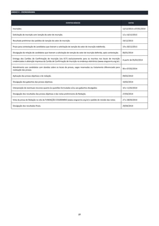 ANEXO V - CRONOGRAMA

EVENTOS BÁSICOS

DATAS

Inscrições.

12/12/2013 a 07/01/2014

Solicitação de inscrição com isenção do valor de inscrição.

12 a 16/12/2013

Resultado preliminar dos pedidos de isenção do valor de inscrição.

19/12/2013

Prazo para contestação de candidatos que tiveram a solicitação de isenção do valor de inscrição indeferida.

19 e 20/12/2013

Divulgação da relação de candidatos que tiveram a solicitação de isenção do valor de inscrição deferida, após contestação.

06/01/2014

Entrega dos Cartões de Confirmação de Inscrição (via ECT) exclusivamente para os inscritos nos locais de inscrição
credenciados e obtenção impressa do Cartão de Confirmação de Inscrição no endereço eletrônico (www.cesgranrio.org.br).

A partir de 05/02/2014

Atendimento aos candidatos com dúvidas sobre os locais de provas, vagas reservadas ou tratamento diferenciado para
realização das provas.

06 e 07/02/2014

Aplicação das provas objetivas e de redação.

09/02/2014

Divulgação dos gabaritos das provas objetivas.

10/02/2014

Interposição de eventuais recursos quanto às questões formuladas e/ou aos gabaritos divulgados

10 e 11/02/2014

Divulgação dos resultados das provas objetivas e das notas preliminares de Redação.

27/03/2014

Vista da prova de Redação no site da FUNDAÇÃO CESGRANRIO (www.cesgranrio.org.br) e pedido de revisão das notas.

27 e 28/03/2014

Divulgação dos resultados finais.

29/04/2014

27

 