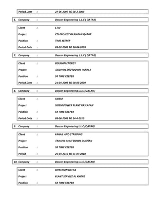 Period Date : 27-06-2007 TO 08-2-2009
6. Company : Descon Engineering L.L.C ( QATAR)
Client : CTJV
Project CTJ PROJECT RASLAFAN QATAR
Position : TIME KEEPER
Period Date : 09-02-2009 TO 20-04-2009
7. Company : Descon Engineering L.L.C ( QATAR)
Client : DOLPHIN ENERGY
Project DOLPHIN SHUTDOWN TRAIN 2
Position : SR TIME KEEPER
Period Date : 21-04-2009 TO 08-05-2009
8. Company : Descon Engineering L.L.C (QATAR )
Client : SIDEM
Project SIDEM POWER PLANT RASLAFAN
Position : SR TIME KEEPER
Period Date : 09-06-2009 TO 24-4-2010
9. Company : Descon Engineering L.L.C (QATAR)
Client : FAHAIL AND STRIPPING
Project FAHAHIL SHUT DOWN DUKHAN
Position : SR TIME KEEPER
Period : 25-04-2010 TO 01-07-2010
10. Company : Descon Engineering L.L.C (QATAR)
Client : OPRATION OFFICE
Project PLANT SERVICE AL KHORE
Position : SR TIME KEEPER
 
