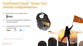 ● Built on open source Apache Kafka
Confluent Cloud™ Gives You
Vendor Independence.
* support for AWS and GCP available today
● Port your existing pipelines regardless of
initial starting point
● No proprietary technology so not tied to
a single provider*
 