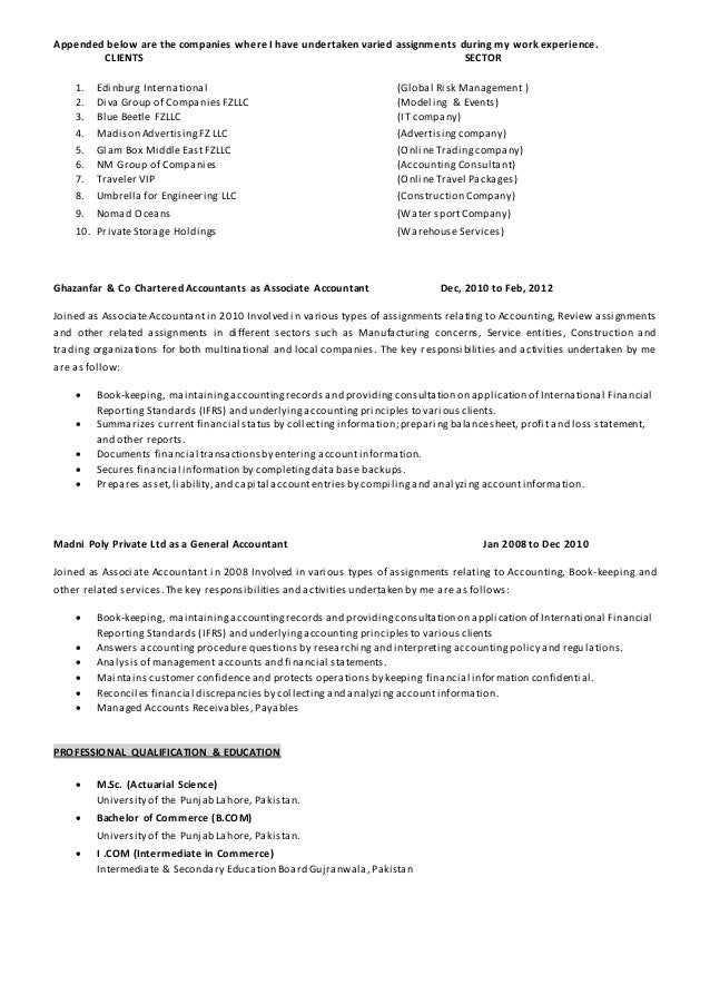 Resume for the post of Accountant