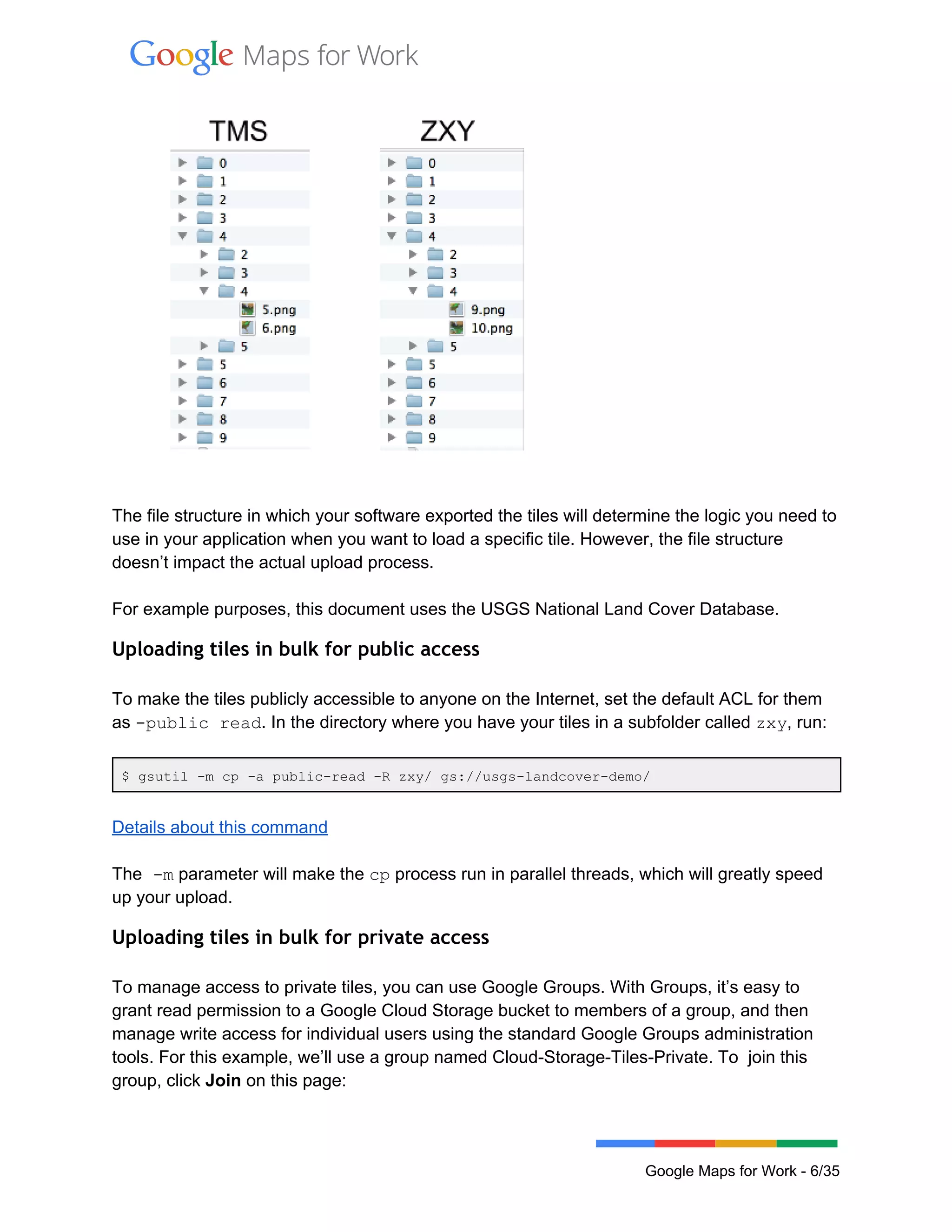  
 
  
 
 
The file structure in which your software exported the tiles will determine the logic you need to 
use in your application when you want to load a specific tile. However, the file structure 
doesn’t impact the actual upload process. 
 
For example purposes, this document uses the USGS National Land Cover Database.  
Uploading tiles in bulk for public access
 
To make the tiles publicly accessible to anyone on the Internet, set the default ACL for them 
as ­public read. In the directory where you have your tiles in a subfolder called zxy, run: 
 
$ gsutil ­m cp ­a public­read ­R zxy/ gs://usgs­landcover­demo/   
 
Details about this command 
 
The ­m parameter will make the cp process run in parallel threads, which will greatly speed 
up your upload. 
Uploading tiles in bulk for private access
 
To manage access to private tiles, you can use Google Groups. With Groups, it’s easy to 
grant read permission to a Google Cloud Storage bucket to members of a group, and then 
manage write access for individual users using the standard Google Groups administration 
tools. For this example, we’ll use a group named Cloud­Storage­Tiles­Private. To  join this 
group, click Join on this page: 
 
 
Google Maps for Work ­ 6/35 
 