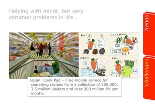 Helping with minor, but very 
common problems in life… 
Dinner??? 
Japan: Cook Pad – Free mobile service for 
searching recipes from a collection of 300,000. 
3.5 million visitors and over 200 million PV per 
month. 
 