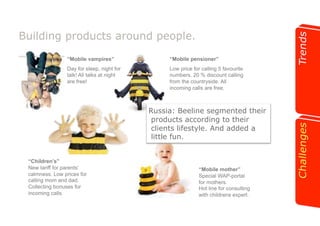 Building products around people. 
“Mobile vampires” 
Day for sleep, night for 
talk! All talks at night 
are free! 
“Children’s” 
New tariff for parents’ 
calmness. Low prices for 
calling mom and dad. 
Collecting bonuses for 
incoming calls. 
“Mobile pensioner” 
Low price for calling 5 favourite 
numbers. 20 % discount calling 
from the countryside. All 
incoming calls are free, 
Russia: Beeline segmented their 
products according to their 
clients lifestyle. And added a 
little fun. 
“Mobile mother” 
Special WAP-portal 
for mothers. 
Hot line for consulting 
with childrens expert. 
 