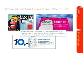 Where will revenues come from in the future? 
Austria: Between ! 19,- and ! 25,- for unlimited calls to all 
operators. Up to 1000 SMS per month included. Introduced by 
T-Mobile now each operator offer such tariffs. 
 