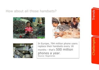 How about all those handsets? 
In Europe, 794 million phone users 
replace their handsets every 18 
months - that's 500 million 
phones a year. 
Source: Regenersis 
 