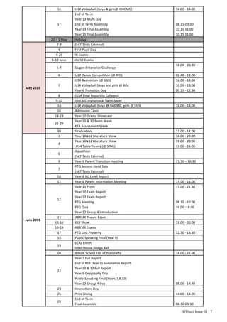 16 U14 Volleyball (boys & girls@ ISHCMC) 16.00 ‐ 18.00 
BISbuzz Issue 01 | 7 
17 
End of Term 
Year 13 MuŌi Day 
End of Term Assembly 
Year 13 Final Assembly 
Year 11 Final Assembly 
08.15‐09.00 
10.15 11.00 
10.15 11.00 
20 – 1 May Holiday 
May 2015 
2‐3 (SAT Tests External) 
4 First Pupil Day 
4‐26 IB Exams 
5‐12 June IGCSE Exams 
6‐7 Saigon Enterprise Challenge 
18.00 ‐ 20.30 
6 U19 Dance CompeƟƟon (@ RISS) 02.40 ‐ 18.00 
7 
U14 Badminton (@ SSIS) 
U14 Volleyball (Boys and girls @ BIS) 
Year 6 TransiƟon Day 
16.00 ‐ 18.00 
16.00 ‐ 18.00 
09.15 ‐ 12.30 
8 (USA Final Report to Colleges) 
9‐10 ISHCMC InvitaƟonal Swim Meet 
14 U14 Volleyball (boys @ ISHCMC, girls @ SSIS) 16.00 ‐ 18.00 
16 Admission Tests 
18‐19 Year 10 Drama Showcase 
25‐29 
Year 10 & 12 Exam Week 
KS3 Assessment Week 
30 GraduaƟon 11.00 ‐ 14.00 
June 2015 
3 Year 10&12 Literature Show 18.00 ‐ 20.00 
4 
Year 10&12 Literature Show 
U14 Table Tennis (@ SING) 
18.00 ‐ 20.00 
13.00 ‐ 16.00 
6 
Aquathlon 
(SAT Tests External) 
9 Year 6 Parent TransiƟon meeƟng 15.30 – 16.30 
7 
PTG Second Hand Sale 
(SAT Tests External) 
10 Year 8 NC Level Report 
11 Year 6 Parent InformaƟon MeeƟng 15.00 ‐ 16.00 
12 
Year 11 Prom 
Year 10 Exam Report 
Year 12 Exam Report 
PTG MeeƟng 
PTG Quiz 
Year 12 Group 4 IntroducƟon 
19.00 ‐ 21.30 
08.15 ‐ 10.00 
16.00 ‐18.00 
13 ABRSM Theory Exam 
15‐16 KS3 Show 18.00 ‐ 20.00 
15‐19 ABRSM Exams 
17 PTG Lost Property 12.30 ‐ 13.30 
18 Public Speaking Final (Year 9) 
19 
ECAs Finish 
Inter‐House Dodge Ball 
20 Whole School End of Year Party 18.00 ‐ 22.00 
22 
Year 7 Full Report 
End of KS3 (Year 9) SummaƟve Report 
Year 10 & 12 Full Report 
Year 9 Geography Trip 
Public Speaking Final (Years 7,8,10) 
Year 12 Group 4 Day 
08.00 ‐ 14.40 
23 InnovaƟons Day 
25 Prize Giving 13.00 ‐ 14.00 
26 
End of Term 
Final Assembly 
08.30‐09.30 
 
