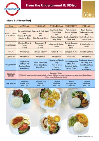 BISbuzz Issue 10 | 16
From the Underground & BIStro
Menu 1 (3 November) 
From the Underground & BIStro
DAY MONDAY TUESDAY WEDNESDAY THURSDAY
MAIN COURSE
CHOOSE 1
Cottage Pie-Beef
OR
Chicken & Vegeta-
ble Curry, Rice
Pasta with Pork Meat
Balls
OR
Fish Teriyaki, Rice
Roast Pork, Roast
Potato/Rice
OR
Chicken Noodle
Soup (Pho)
Fish Goujon &
Potato Wedges
OR
Beef & Vegetable
Stew, Rice
VEGETABLES
Morning Glory &
Carrot
Salad
Beansprouts &
Carrot
Salad
Choy sum & Carrot
Salad
Chinese Cabbage
& Carrot
Salad
SOUP Watercress Cabbage & Carrot Tomato & Tofu Spinach & Melon
DESSERT Mixed Fruit Mixed Fruit Mixed Fruit Mixed Fruit
VEGETARIAN
Vegetarian
Cottage Pie
Chickpea Salad
Mixed Fruit
Pasta Napolitana
Mixed Bean Salad
Mixed Fruit
Vegetarian Noodle
Soup
Tofu in Soya
Sauce
Mixed Fruit
Tofu & Vegetable
Stew, Rice
Spinach & Melon
Mixed Fruit
DELI BAR
OPTION
Baguette / Wrap
Fill it with a variety of choices including ham, chicken, cheese, tuna mayonnaise, beef, baked bean,
mixed bean, bolognese sauce
SNACK MENU
Swiss Roll
Crème Puff
Fruit Cup
Chocolate Mud
Donut
Fruit Cup
Curry Puff
Samoosa
Fruit Cup
Muffin
Sponge Cake
Fruit Cup
FRIDAY
Roast Chicken,
Yorkshire Pudding
OR
Pork in Dark Soya
Sauce, Rice
Broccoli & Carrot
Salad
Mixed Vegetable
Mixed Fruit
Chickpea & Vegeta-
ble Curry, Rice
Mixed Vegetable
Soup
Mixed Fruit
Curry Puff
Samoosa
Fruit Cup
 