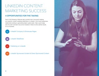 LinkedIn Company & Showcase Pages
LinkedIn SlideShare
Publishing on LinkedIn
LinkedIn Sponsored Content & Direct Sponsored...