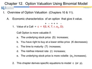 © Paul Koch 1-1
Chapter 12. Option Valuation Using Binomial Model
I. Overview of Option Valuation (Chapters 10 & 11).
A. Economic characteristics of an option that give it value.
+ - + + + -
1. Value of a Call = c = f(S, K, T, r, σS, D).
Call Option is more valuable if:
a. The underlying stock price (S) increases;
b. You have right to buy at a lower strike price (K decreases);
c. The time to maturity (T) increases;
d. The riskfree interest rate (r) increases;
e. The underlying stock price is more volatile (σS increases).
2. This chapter derives specific equations to model c (or p).
 