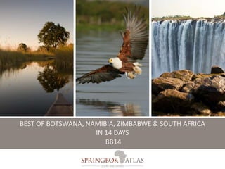 BEST OF BOTSWANA, NAMIBIA, ZIMBABWE & SOUTH AFRICA 
IN 14 DAYS 
BB14 
 