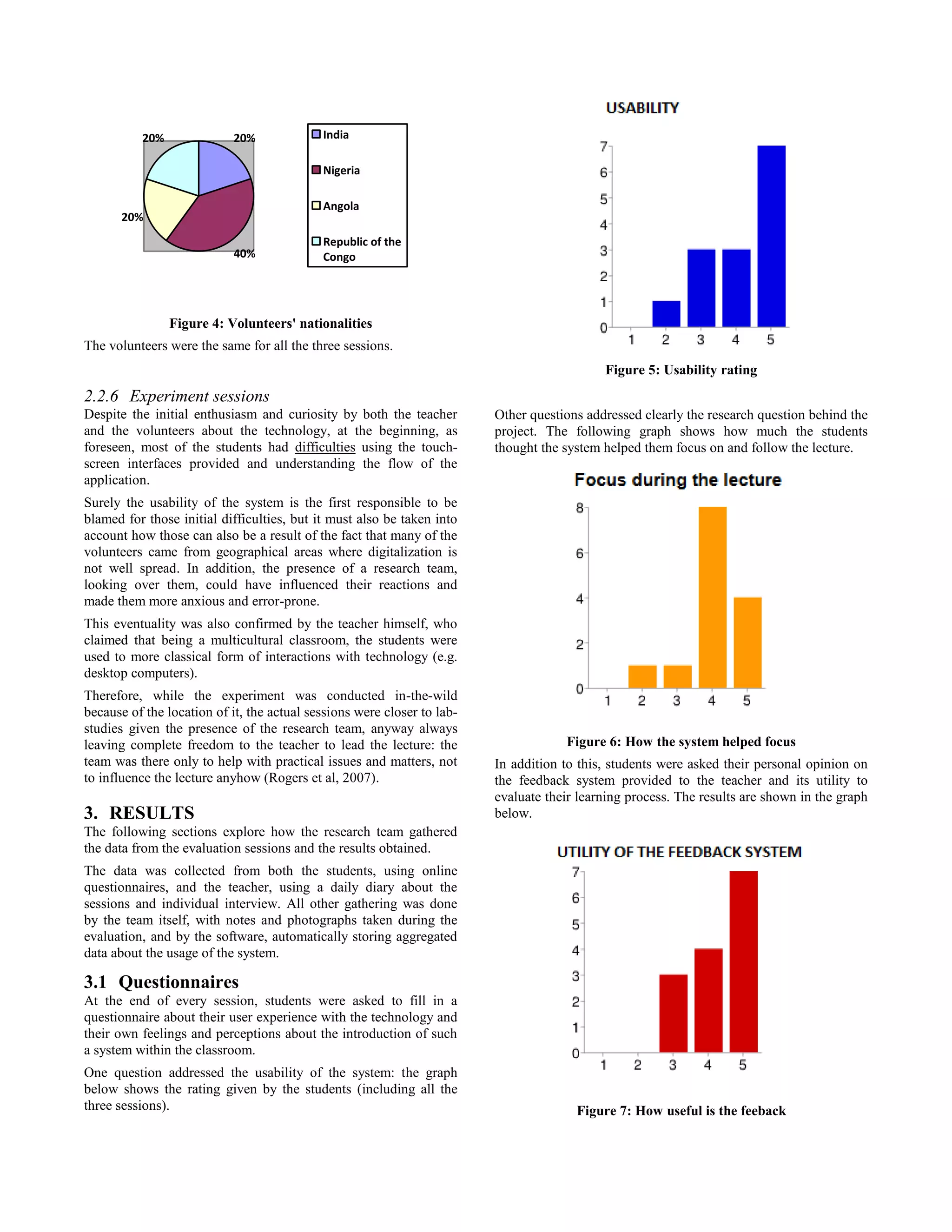 20%
40%
20%
20% India
Nigeria
Angola
Republic of the
Congo
Figure 4: Volunteers' nationalities
The volunteers were the same for all the three sessions.
2.2.6 Experiment sessions
Despite the initial enthusiasm and curiosity by both the teacher
and the volunteers about the technology, at the beginning, as
foreseen, most of the students had difficulties using the touch-
screen interfaces provided and understanding the flow of the
application.
Surely the usability of the system is the first responsible to be
blamed for those initial difficulties, but it must also be taken into
account how those can also be a result of the fact that many of the
volunteers came from geographical areas where digitalization is
not well spread. In addition, the presence of a research team,
looking over them, could have influenced their reactions and
made them more anxious and error-prone.
This eventuality was also confirmed by the teacher himself, who
claimed that being a multicultural classroom, the students were
used to more classical form of interactions with technology (e.g.
desktop computers).
Therefore, while the experiment was conducted in-the-wild
because of the location of it, the actual sessions were closer to lab-
studies given the presence of the research team, anyway always
leaving complete freedom to the teacher to lead the lecture: the
team was there only to help with practical issues and matters, not
to influence the lecture anyhow (Rogers et al, 2007).
3. RESULTS
The following sections explore how the research team gathered
the data from the evaluation sessions and the results obtained.
The data was collected from both the students, using online
questionnaires, and the teacher, using a daily diary about the
sessions and individual interview. All other gathering was done
by the team itself, with notes and photographs taken during the
evaluation, and by the software, automatically storing aggregated
data about the usage of the system.
3.1 Questionnaires
At the end of every session, students were asked to fill in a
questionnaire about their user experience with the technology and
their own feelings and perceptions about the introduction of such
a system within the classroom.
One question addressed the usability of the system: the graph
below shows the rating given by the students (including all the
three sessions).
Figure 5: Usability rating
Other questions addressed clearly the research question behind the
project. The following graph shows how much the students
thought the system helped them focus on and follow the lecture.
Figure 6: How the system helped focus
In addition to this, students were asked their personal opinion on
the feedback system provided to the teacher and its utility to
evaluate their learning process. The results are shown in the graph
below.
Figure 7: How useful is the feeback
 